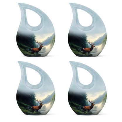 Serene Blue Deer Cremation Urn lifestyle display on memorial shelf - devotional cross-drop deer engraving - 10 inch aluminum urn for cremated remains