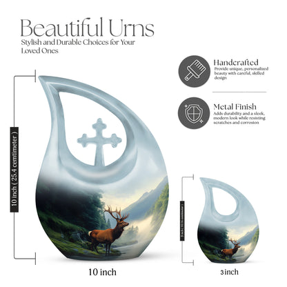 Calming Blue Deer Cremation Urn back view with polished surface - devotional cross-drop deer engraving - mini keepsake memorial for portion of cremation ashes