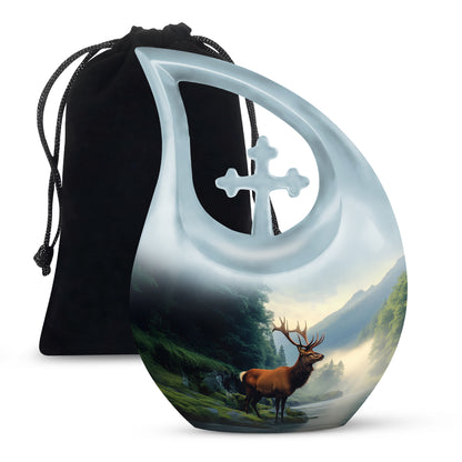 Slate Blue Deer Cremation Urn top-down view of secure threaded lid - sacred cross merged with deer motif on metal - full-size 10 inch 200 cubic inch adult cremation urn