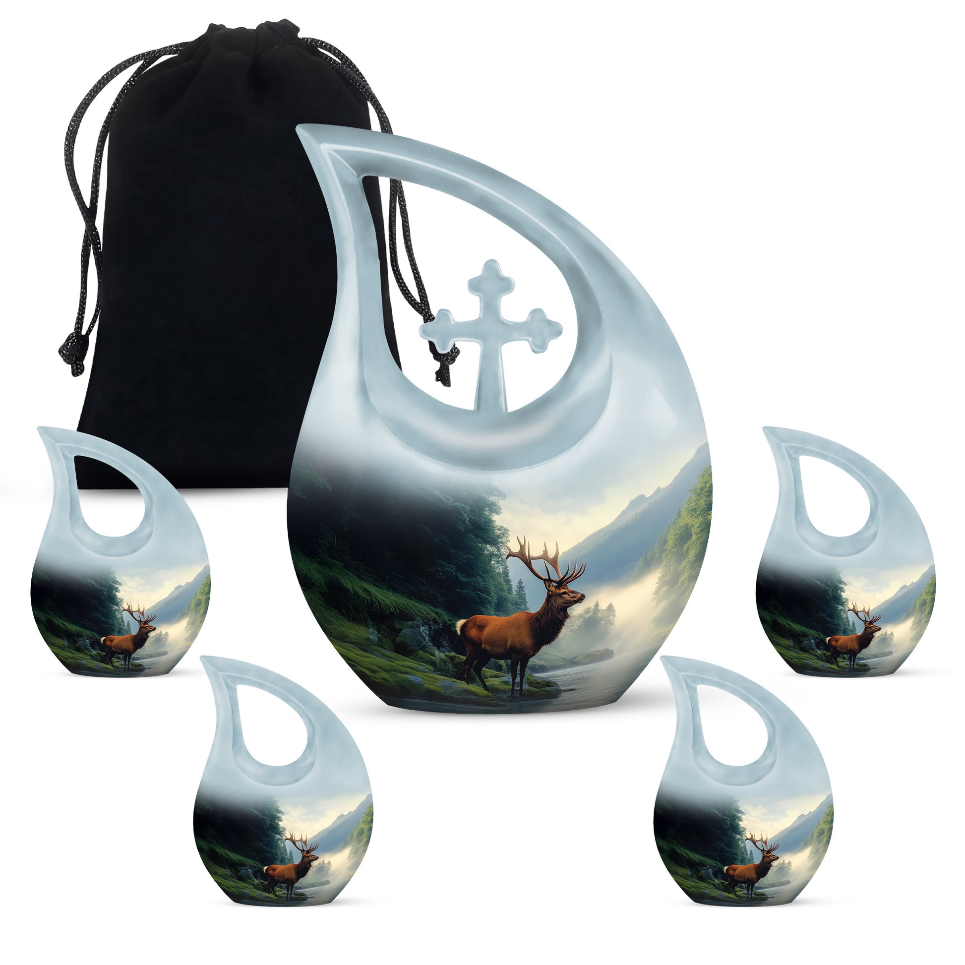 Steel Blue Deer Cremation Urn urn with complimentary velvet bag - devotional cross-drop deer engraving - memorial set with one large and four small urns