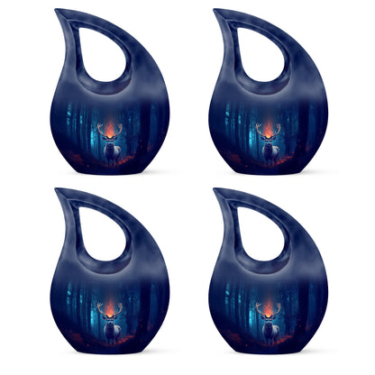 Slate Blue Deer Cremation Urn lifestyle display on memorial shelf - cross and deer combined in spiritual memorial design - 10 inch aluminum urn for cremated remains