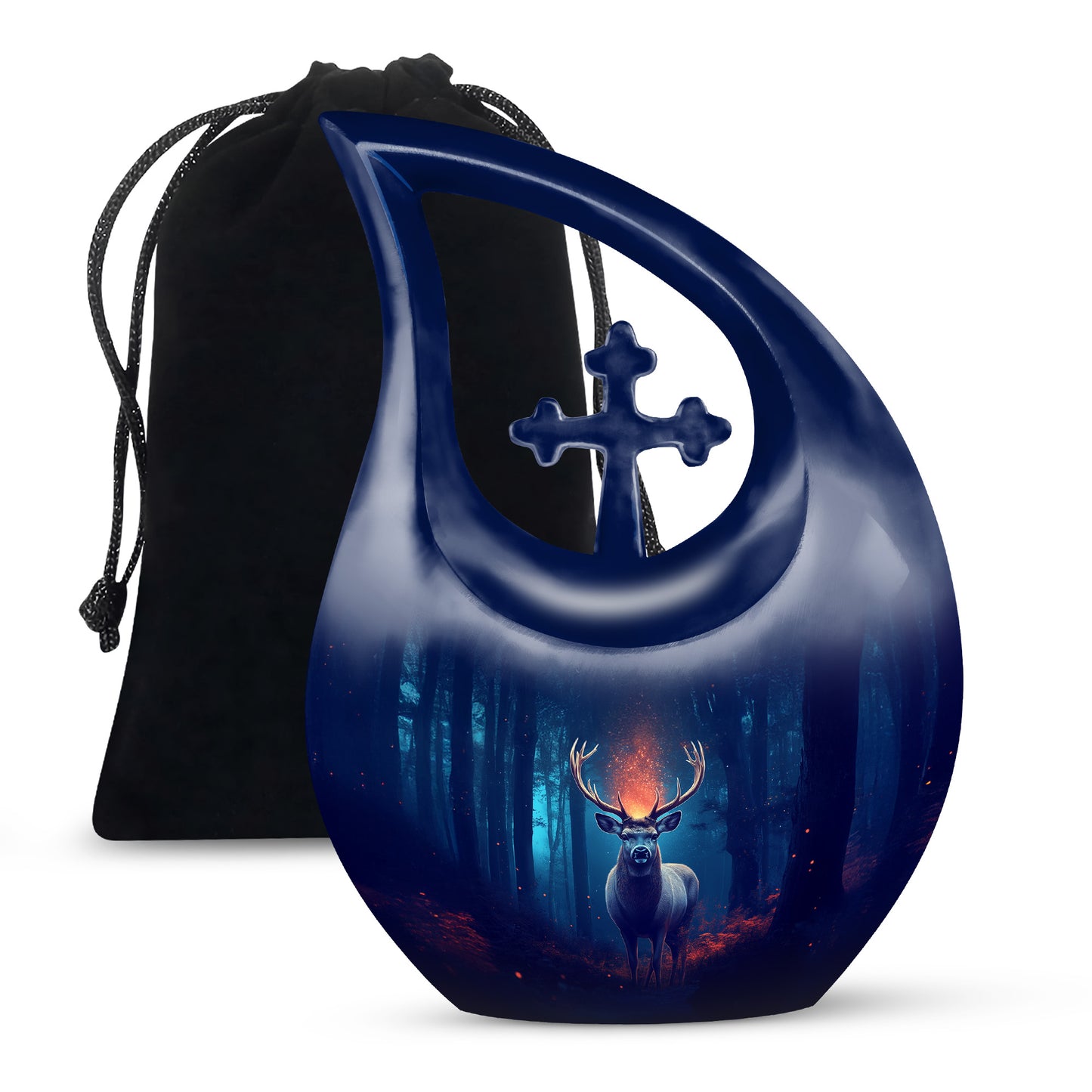 Cobalt Blue Deer Cremation Urn top-down view of secure threaded lid - devotional cross-drop deer engraving - full-size 10 inch 200 cubic inch adult cremation urn