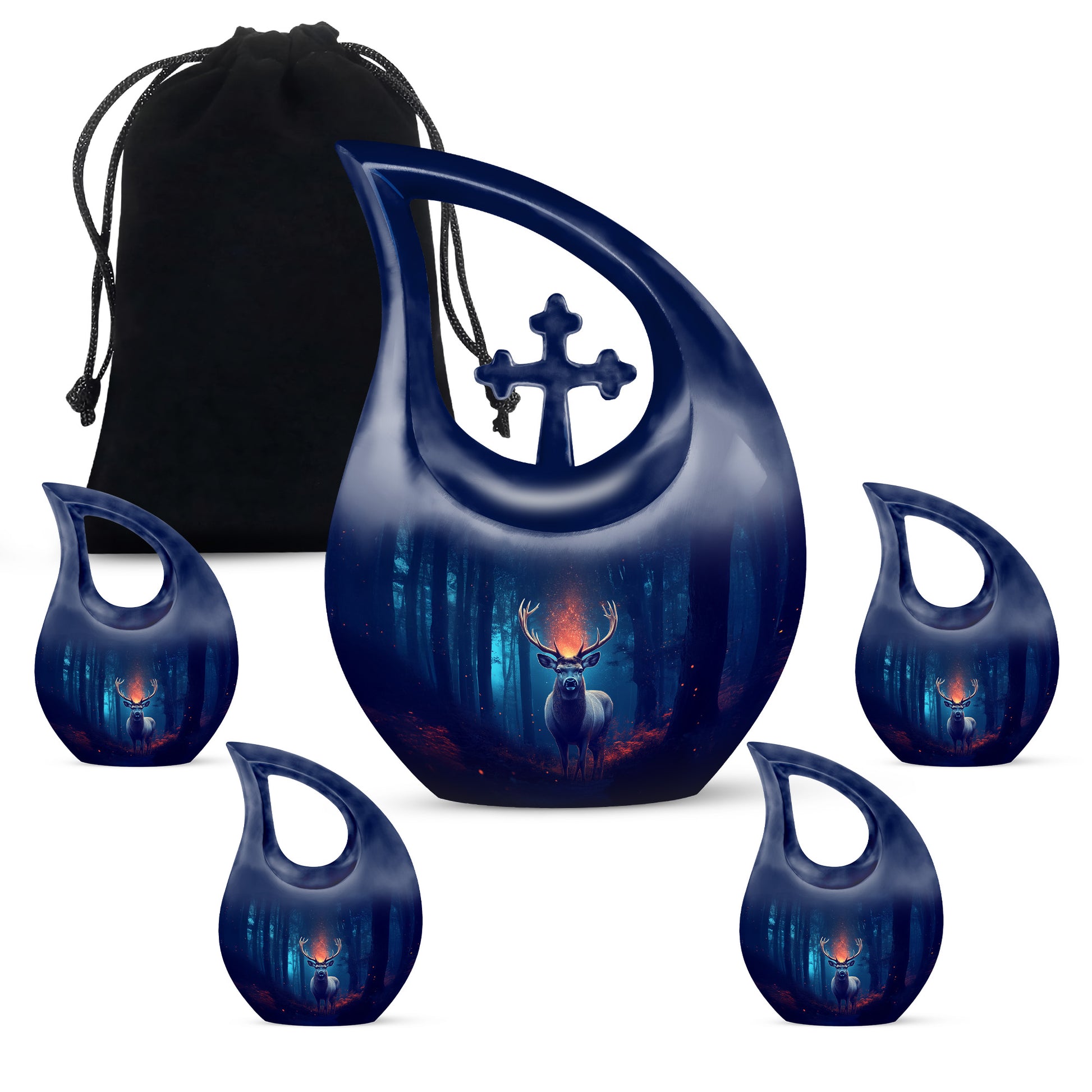 Sky Blue Deer Cremation Urn urn with complimentary velvet bag - sacred cross merged with deer motif on metal - memorial set with one large and four small urns