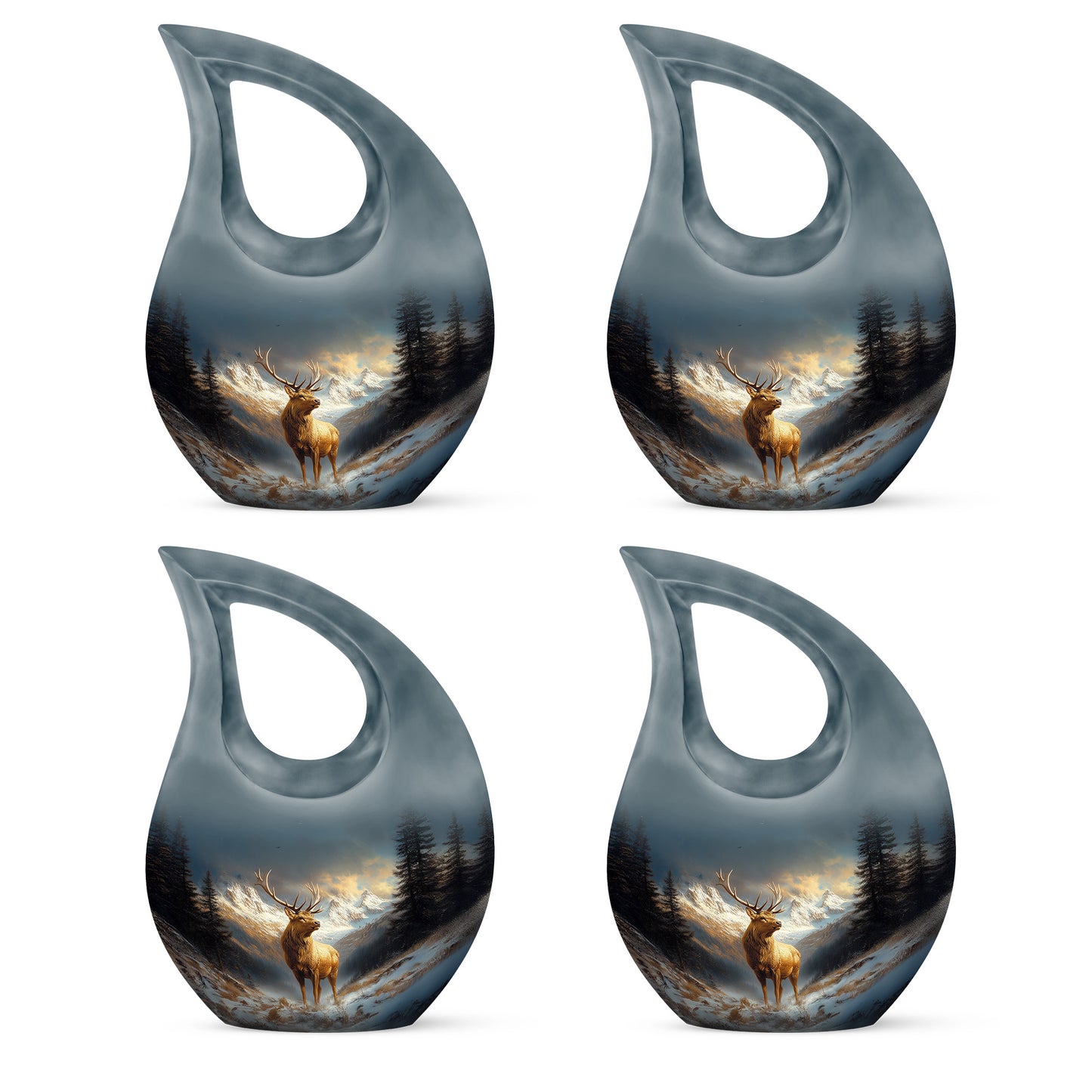 Azure Deer Cremation Urn lifestyle display on memorial shelf - sacred cross merged with deer motif on metal - 10 inch aluminum urn for cremated remains