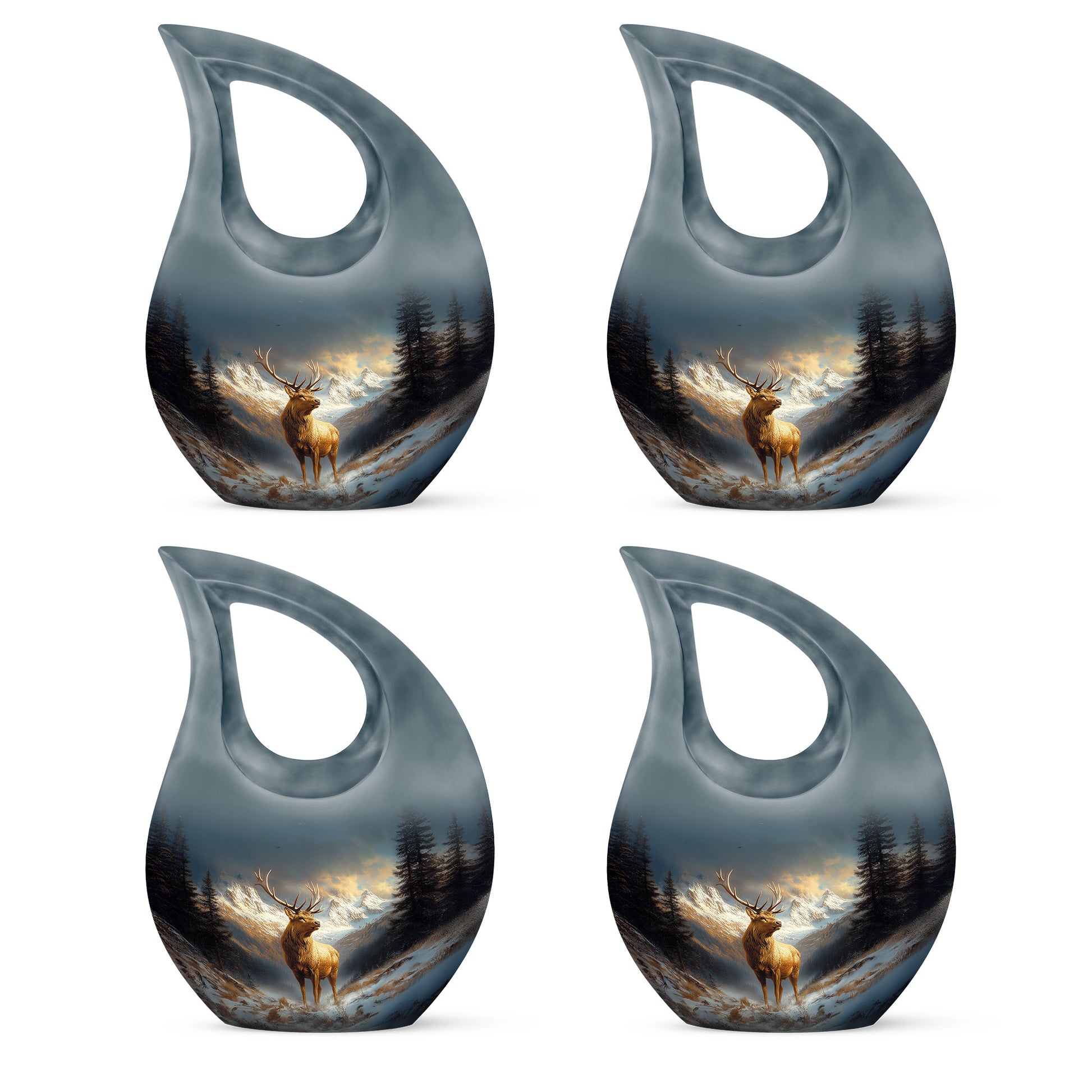 Azure Deer Cremation Urn lifestyle display on memorial shelf - sacred cross merged with deer motif on metal - 10 inch aluminum urn for cremated remains