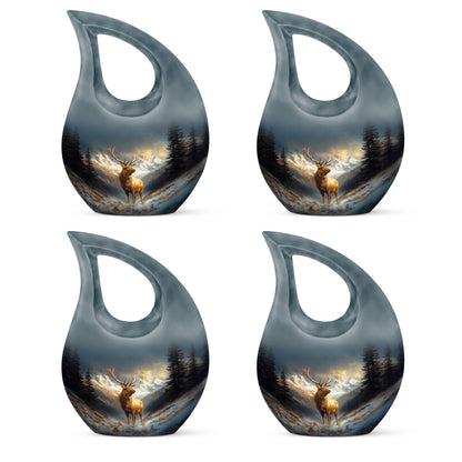 Azure Deer Cremation Urn lifestyle display on memorial shelf - sacred cross merged with deer motif on metal - 10 inch aluminum urn for cremated remains