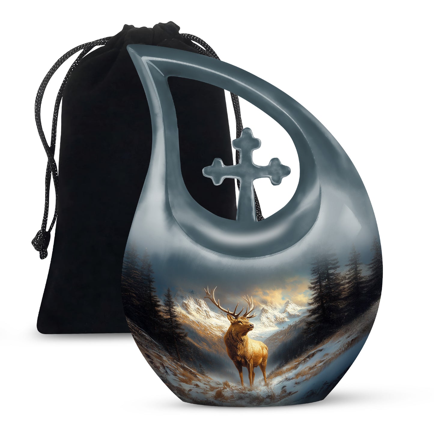 Calming Blue Deer Cremation Urn top-down view of secure threaded lid - devotional cross-drop deer engraving - full-size 10 inch 200 cubic inch adult cremation urn