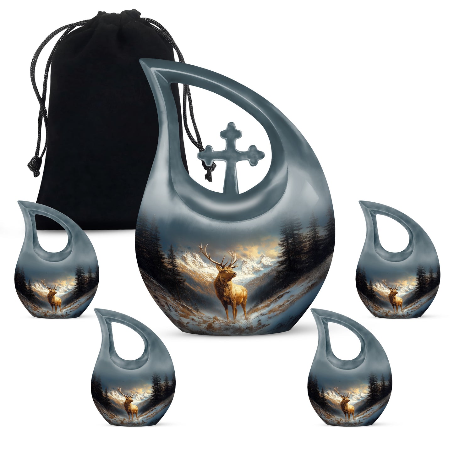Indigo Deer Cremation Urn urn with complimentary velvet bag - sacred cross merged with deer motif on metal - memorial set with one large and four small urns