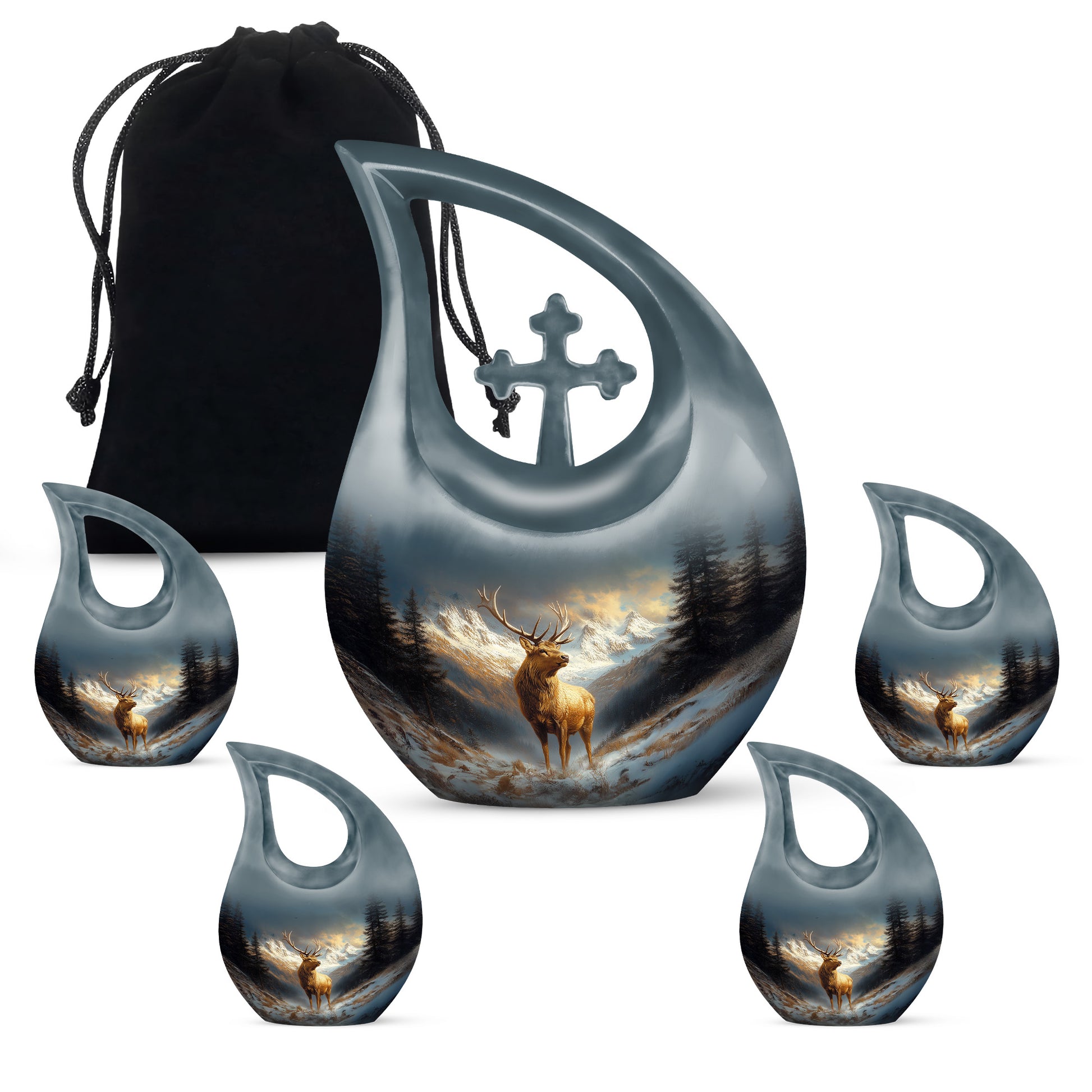 Indigo Deer Cremation Urn urn with complimentary velvet bag - sacred cross merged with deer motif on metal - memorial set with one large and four small urns