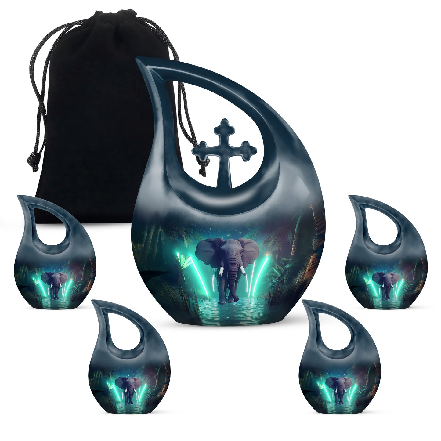 Steel Blue Elephant Cremation Urn urn with complimentary velvet bag - faith-inspired cross-drop urn with elephant pattern - memorial set with one large and four small urns