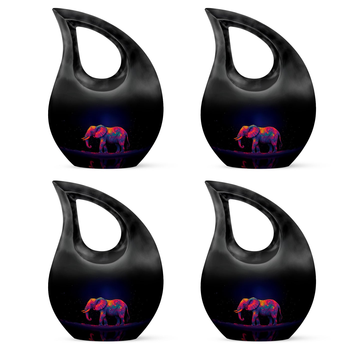 Vivid Blue Elephant Cremation Urn lifestyle display on memorial shelf - faith-inspired cross-drop urn with elephant pattern - 10 inch aluminum urn for cremated remains