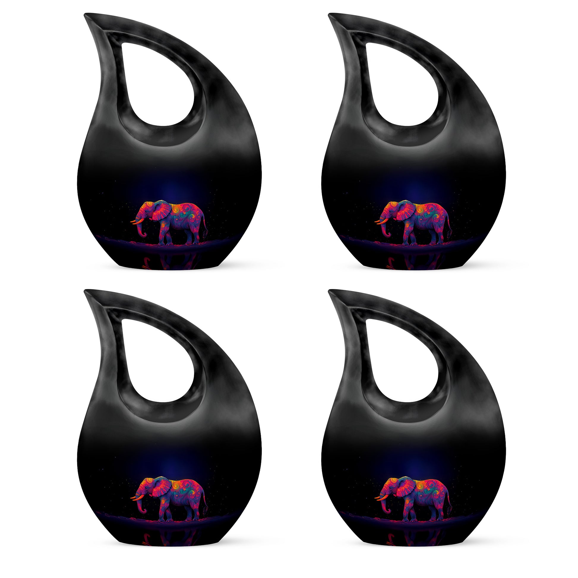 Vivid Blue Elephant Cremation Urn lifestyle display on memorial shelf - faith-inspired cross-drop urn with elephant pattern - 10 inch aluminum urn for cremated remains