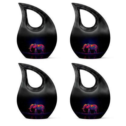 Vivid Blue Elephant Cremation Urn lifestyle display on memorial shelf - faith-inspired cross-drop urn with elephant pattern - 10 inch aluminum urn for cremated remains