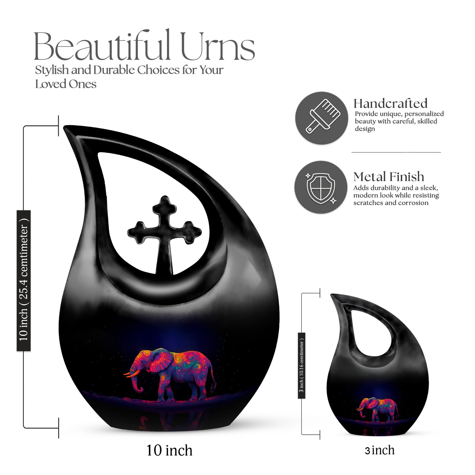 Icy Blue Elephant Cremation Urn back view with polished surface - sacred cross merged with elephant motif on metal - mini keepsake memorial for portion of cremation ashes
