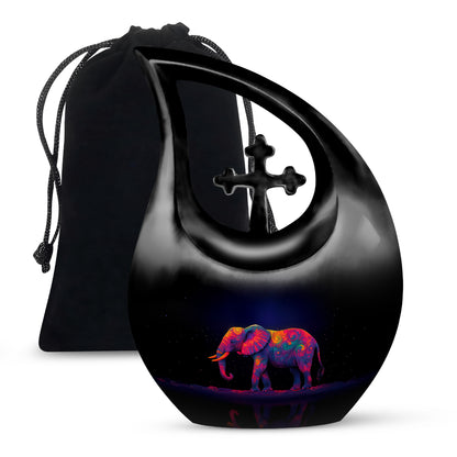 Cobalt Blue Elephant Cremation Urn top-down view of secure threaded lid - devotional cross-drop elephant engraving - full-size 10 inch 200 cubic inch adult cremation urn