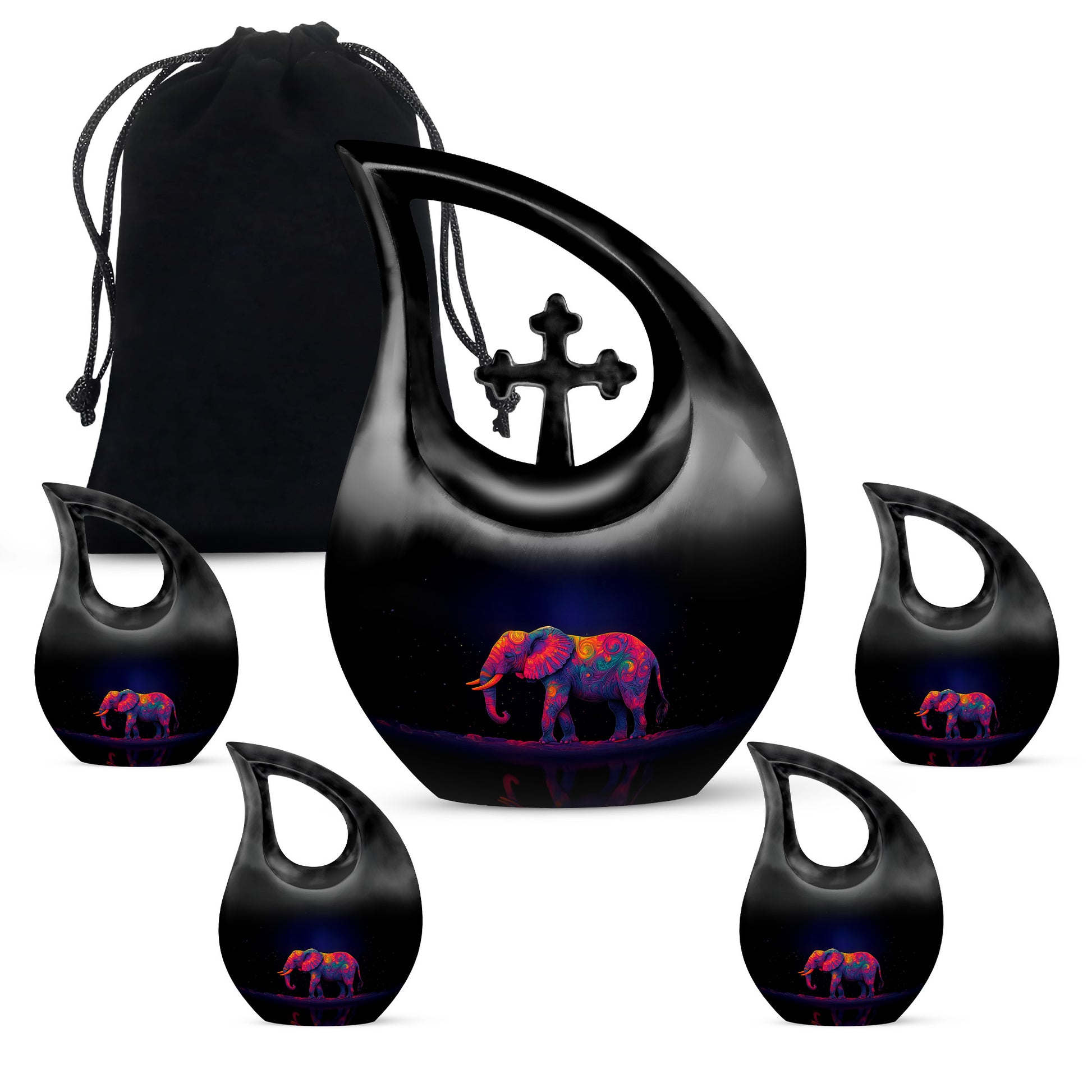 Sky Blue Elephant Cremation Urn urn with complimentary velvet bag - cross and elephant combined in spiritual memorial design - memorial set with one large and four small urns