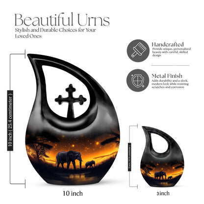 Midnight Black Elephant Cremation Urn back view with polished surface - devotional cross-drop elephant engraving - mini keepsake memorial for portion of cremation ashes