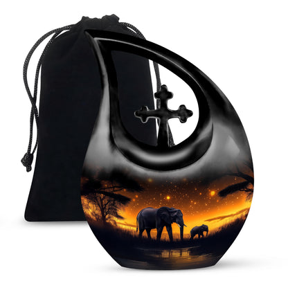 Ebony Elephant Cremation Urn top-down view of secure threaded lid - cross and elephant combined in spiritual memorial design - full-size 10 inch 200 cubic inch adult cremation urn