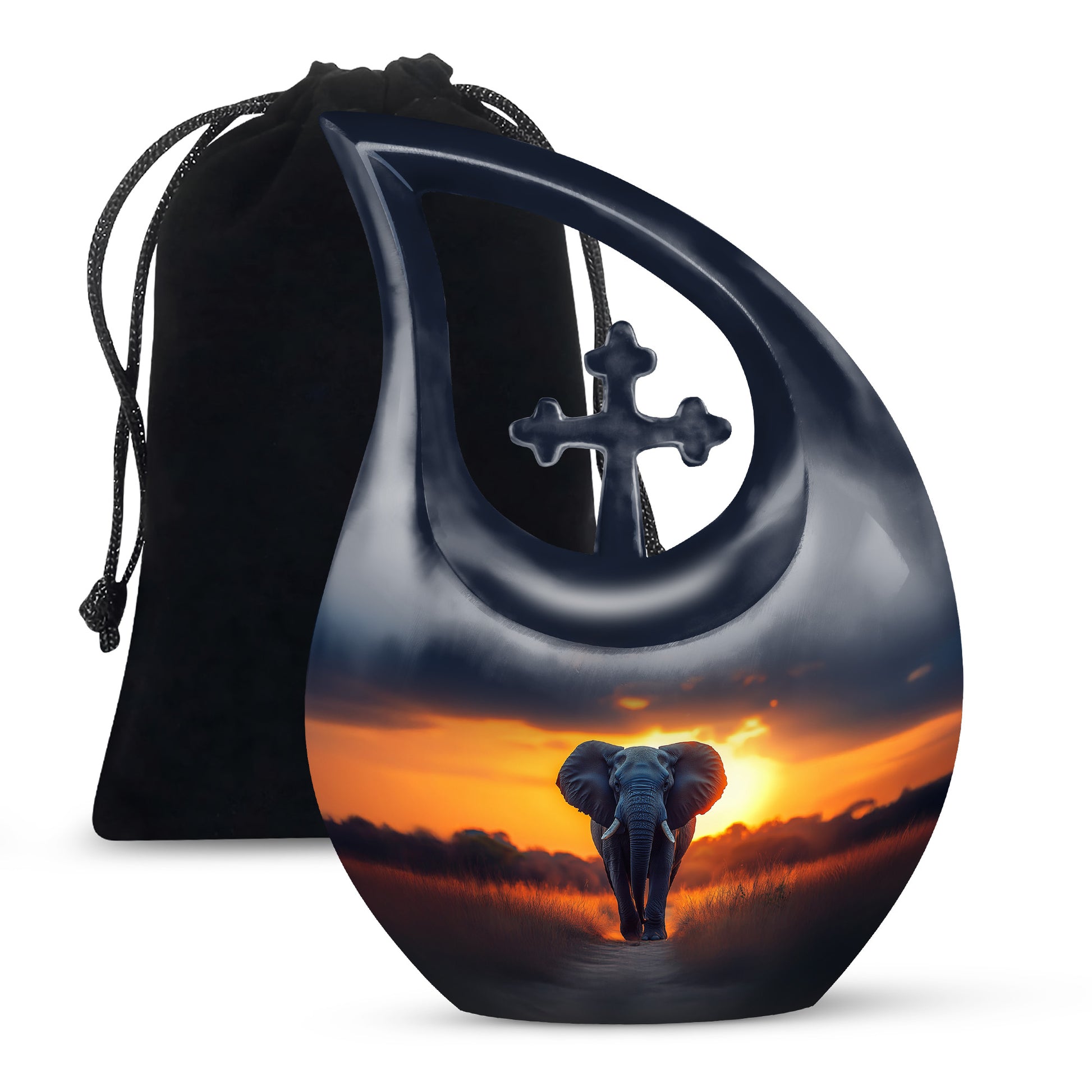 Sky Blue Elephant Cremation Urn top-down view of secure threaded lid - cross and elephant combined in spiritual memorial design - full-size 10 inch 200 cubic inch adult cremation urn