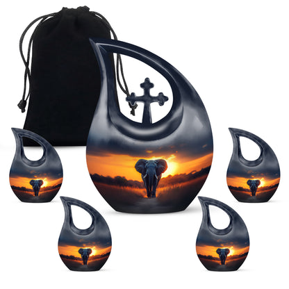 Royal Blue Elephant Cremation Urn urn with complimentary velvet bag - faith-inspired cross-drop urn with elephant pattern - memorial set with one large and four small urns