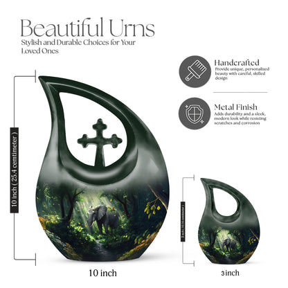 Aqua Teal Elephant Cremation Urn back view with polished surface - devotional cross-drop elephant engraving - mini keepsake memorial for portion of cremation ashes