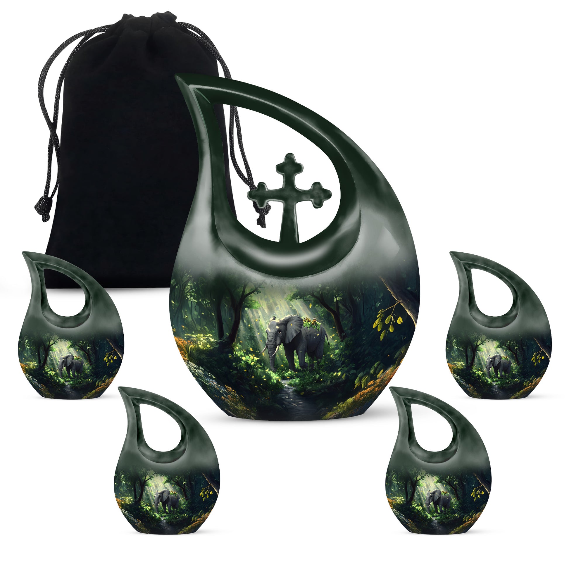 Ocean Teal Elephant Cremation Urn urn with complimentary velvet bag - cross and elephant combined in spiritual memorial design - memorial set with one large and four small urns