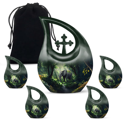 Ocean Teal Elephant Cremation Urn urn with complimentary velvet bag - cross and elephant combined in spiritual memorial design - memorial set with one large and four small urns