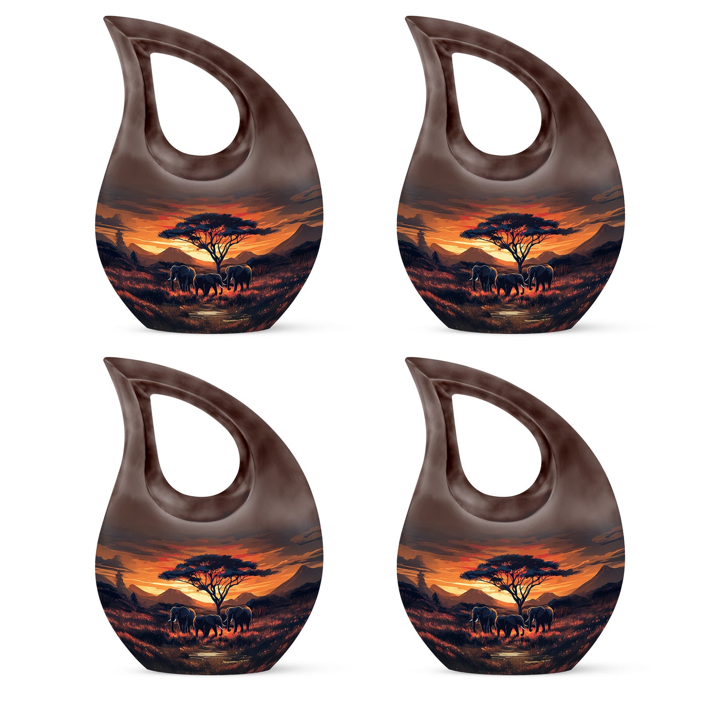 Deep Red Elephant Cremation Urn lifestyle display on memorial shelf - sacred cross merged with elephant motif on metal - 10 inch aluminum urn for cremated remains