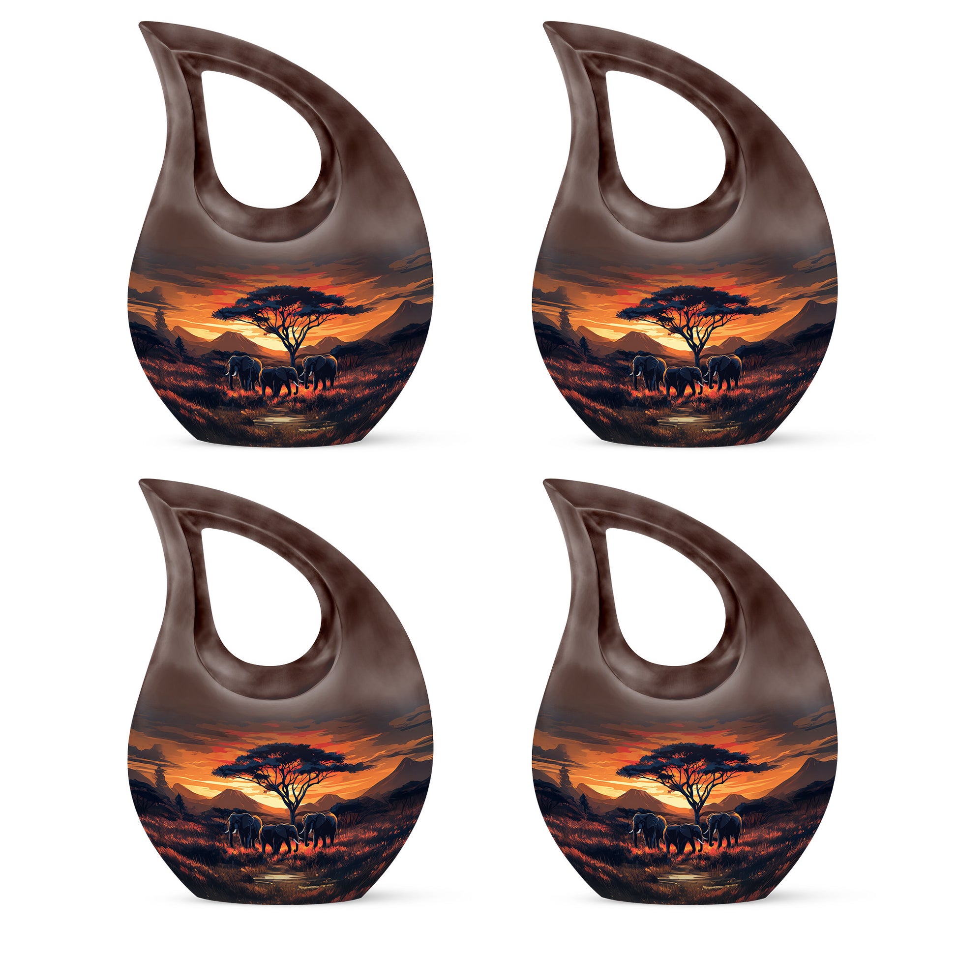 Deep Red Elephant Cremation Urn lifestyle display on memorial shelf - sacred cross merged with elephant motif on metal - 10 inch aluminum urn for cremated remains
