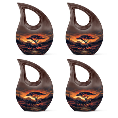 Deep Red Elephant Cremation Urn lifestyle display on memorial shelf - sacred cross merged with elephant motif on metal - 10 inch aluminum urn for cremated remains