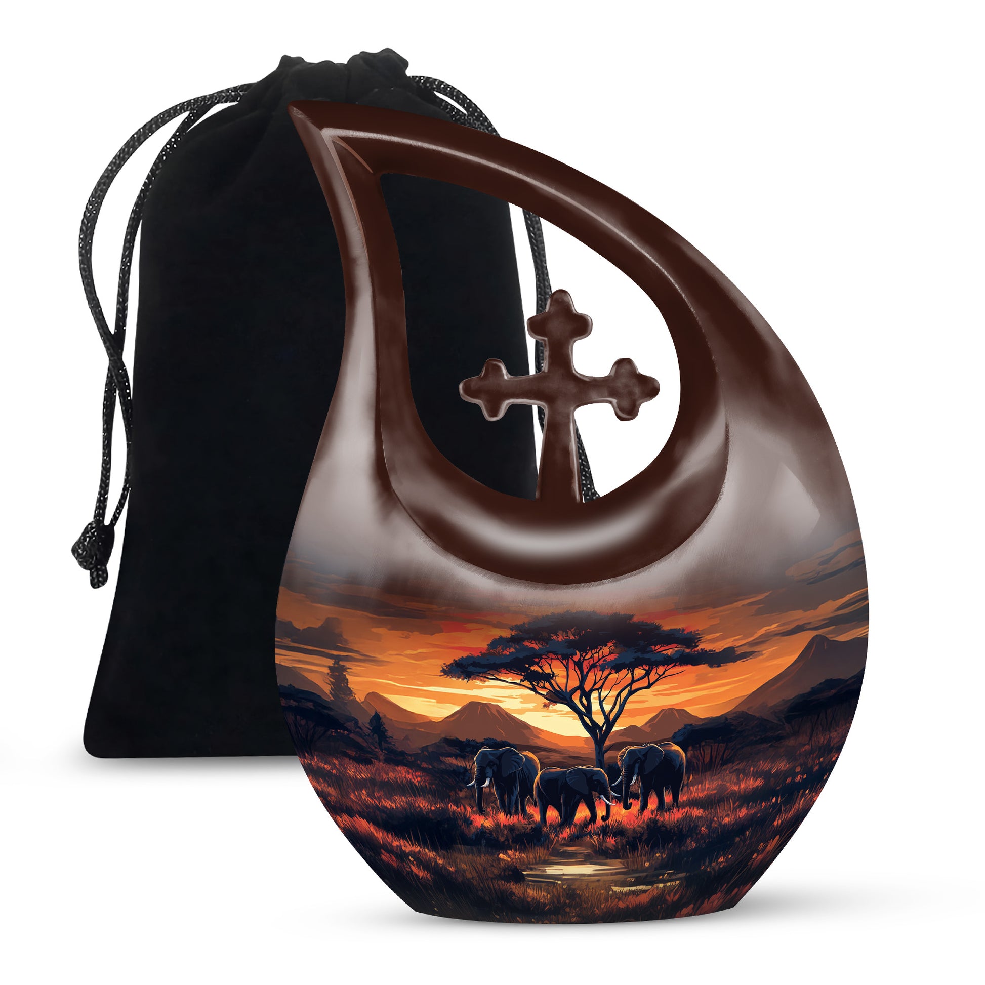 Garnet Red Elephant Cremation Urn top-down view of secure threaded lid - cross and elephant combined in spiritual memorial design - full-size 10 inch 200 cubic inch adult cremation urn