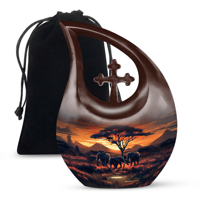 Garnet Red Elephant Cremation Urn top-down view of secure threaded lid - cross and elephant combined in spiritual memorial design - full-size 10 inch 200 cubic inch adult cremation urn