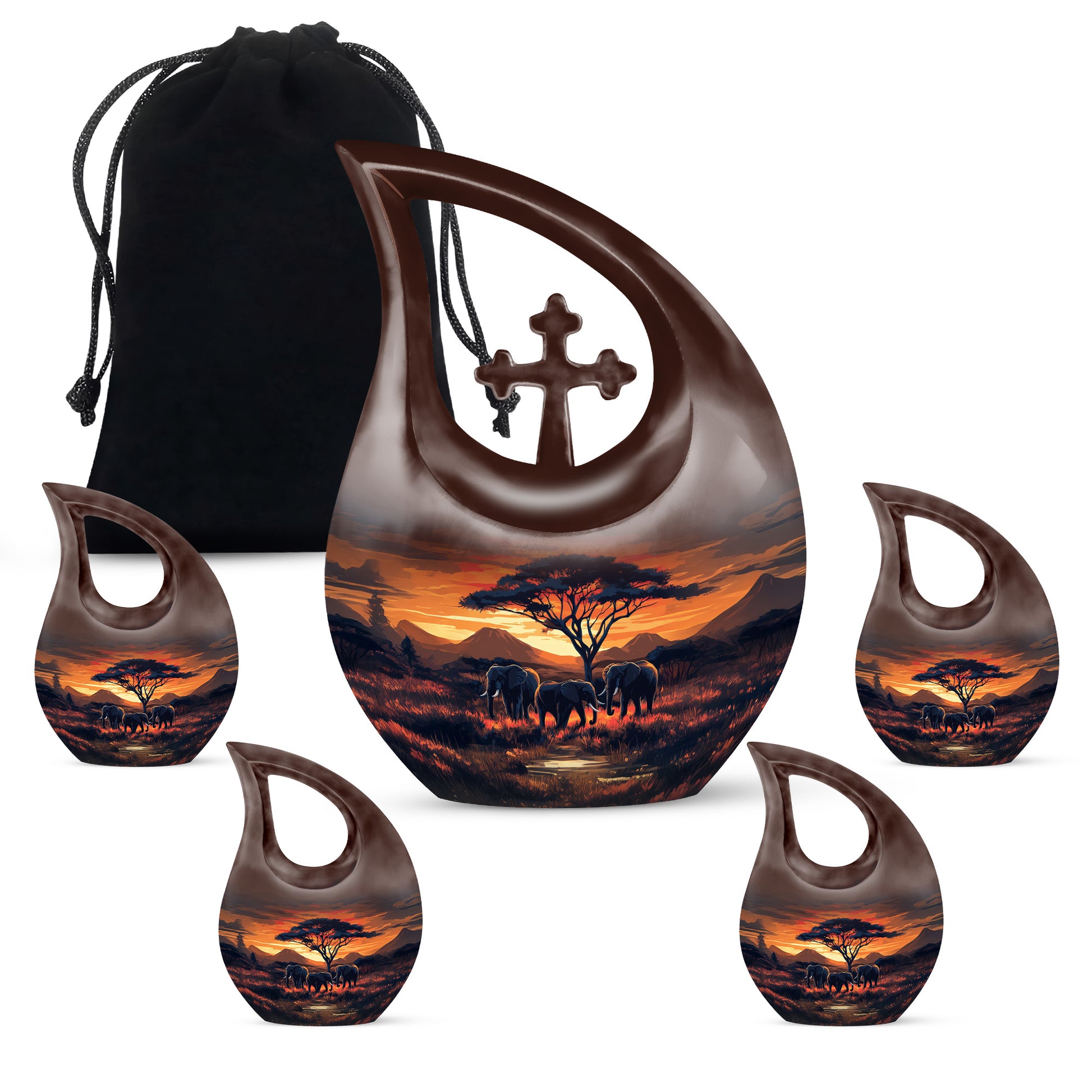 Scarlet Red Elephant Cremation Urn urn with complimentary velvet bag - devotional cross-drop elephant engraving - memorial set with one large and four small urns