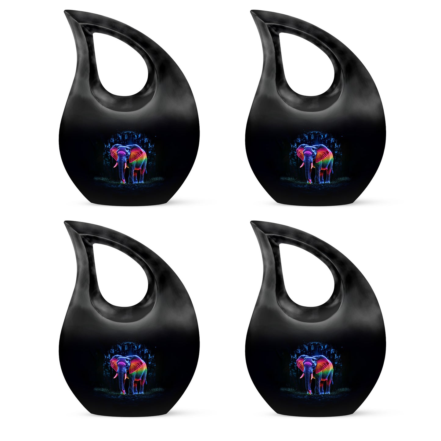 Onyx Black Elephant Cremation Urn lifestyle display on memorial shelf - devotional cross-drop elephant engraving - 10 inch aluminum urn for cremated remains