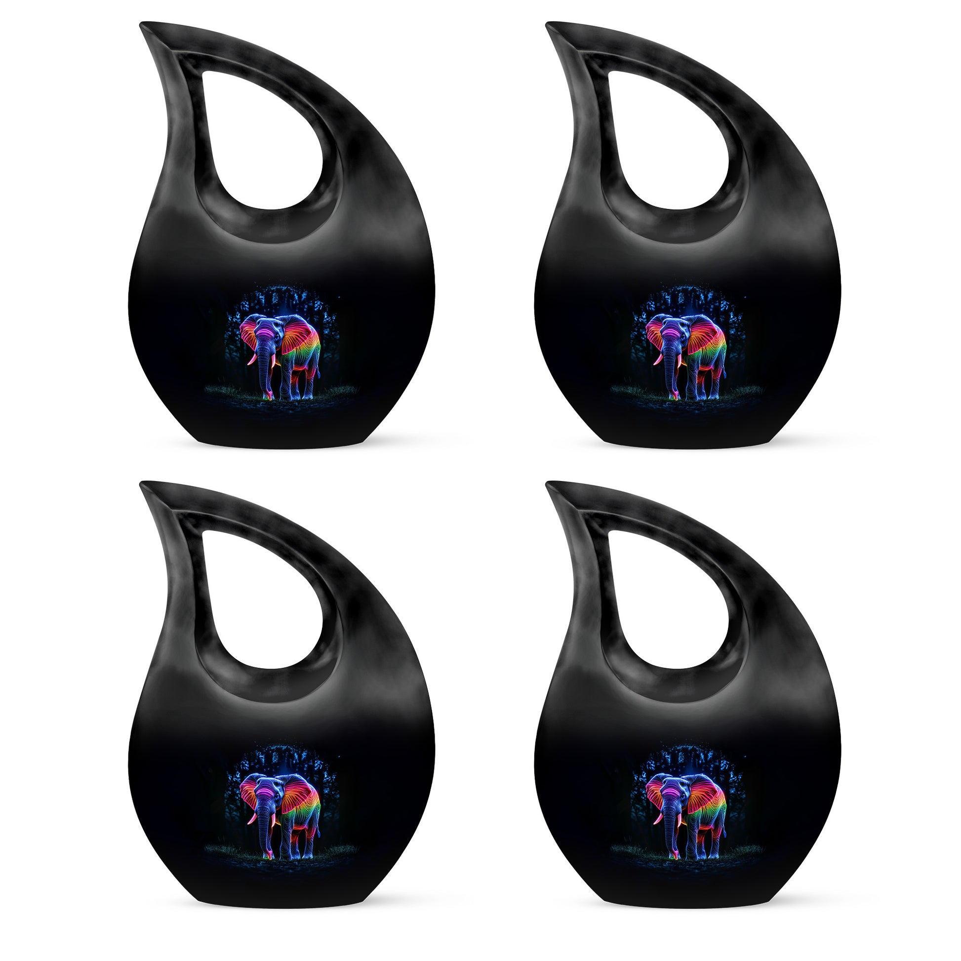 Onyx Black Elephant Cremation Urn lifestyle display on memorial shelf - devotional cross-drop elephant engraving - 10 inch aluminum urn for cremated remains