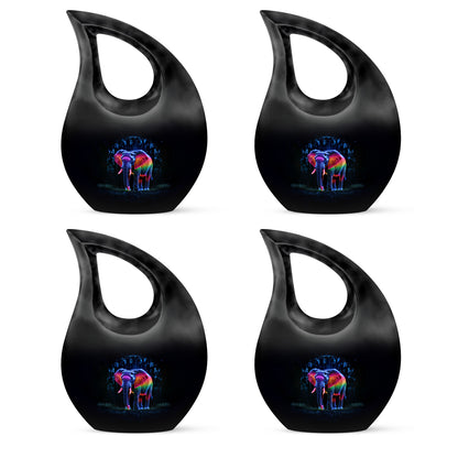 Onyx Black Elephant Cremation Urn lifestyle display on memorial shelf - devotional cross-drop elephant engraving - 10 inch aluminum urn for cremated remains
