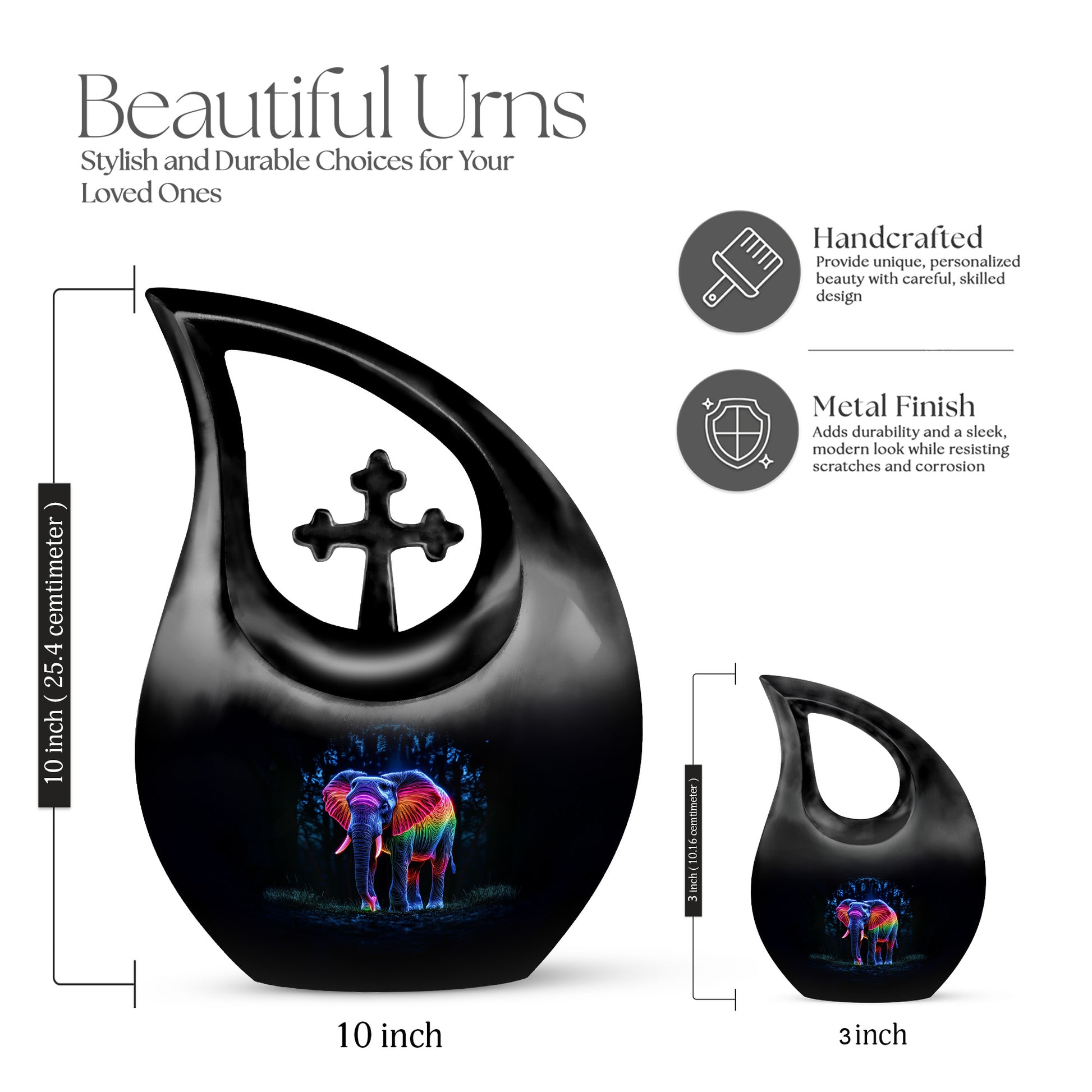 Obsidian Black Elephant Cremation Urn back view with polished surface - devotional cross-drop elephant engraving - mini keepsake memorial for portion of cremation ashes