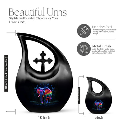 Obsidian Black Elephant Cremation Urn back view with polished surface - devotional cross-drop elephant engraving - mini keepsake memorial for portion of cremation ashes