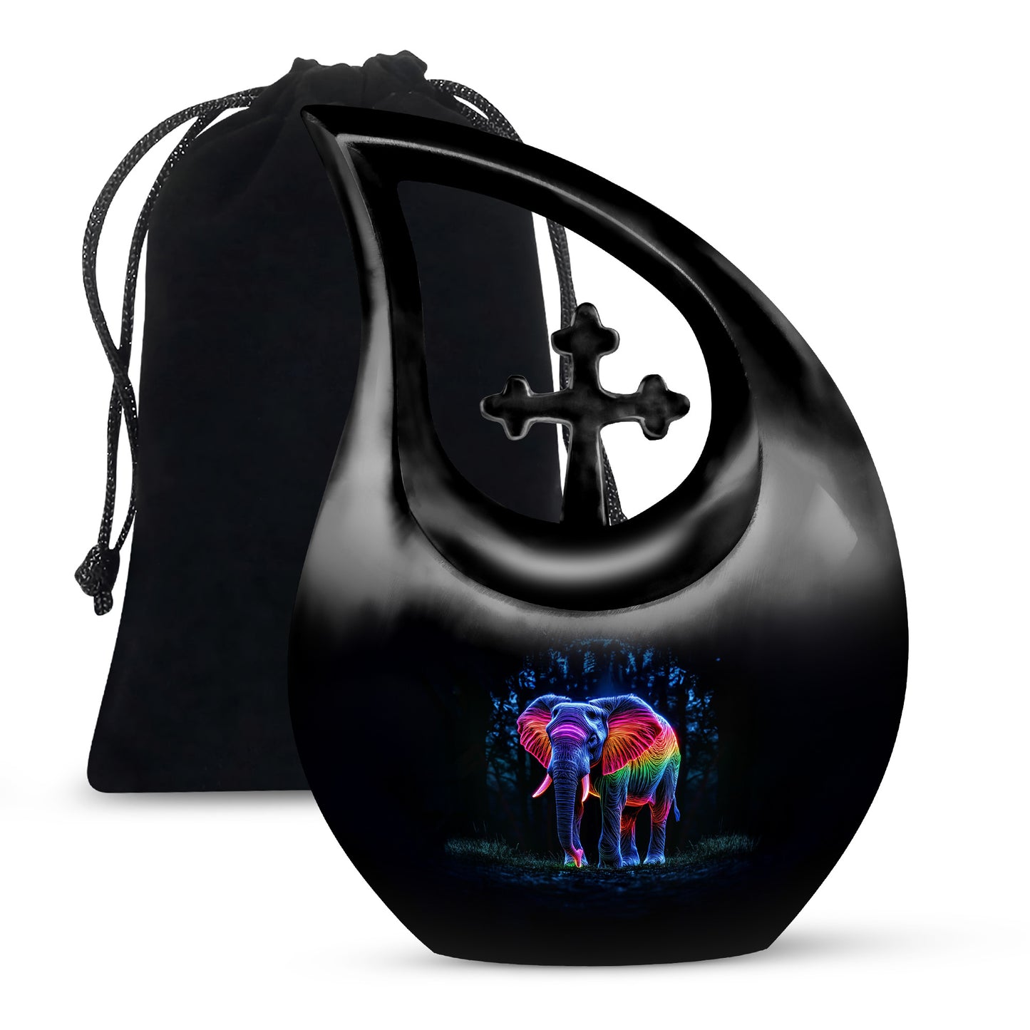 Dark Black Elephant Cremation Urn top-down view of secure threaded lid - devotional cross-drop elephant engraving - full-size 10 inch 200 cubic inch adult cremation urn