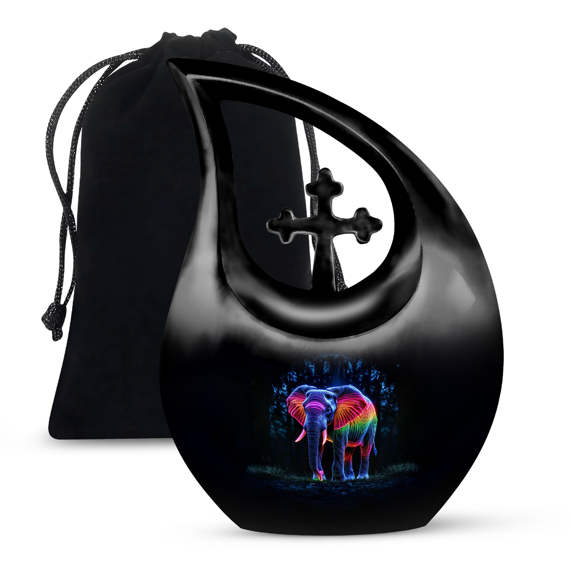 Dark Black Elephant Cremation Urn top-down view of secure threaded lid - devotional cross-drop elephant engraving - full-size 10 inch 200 cubic inch adult cremation urn