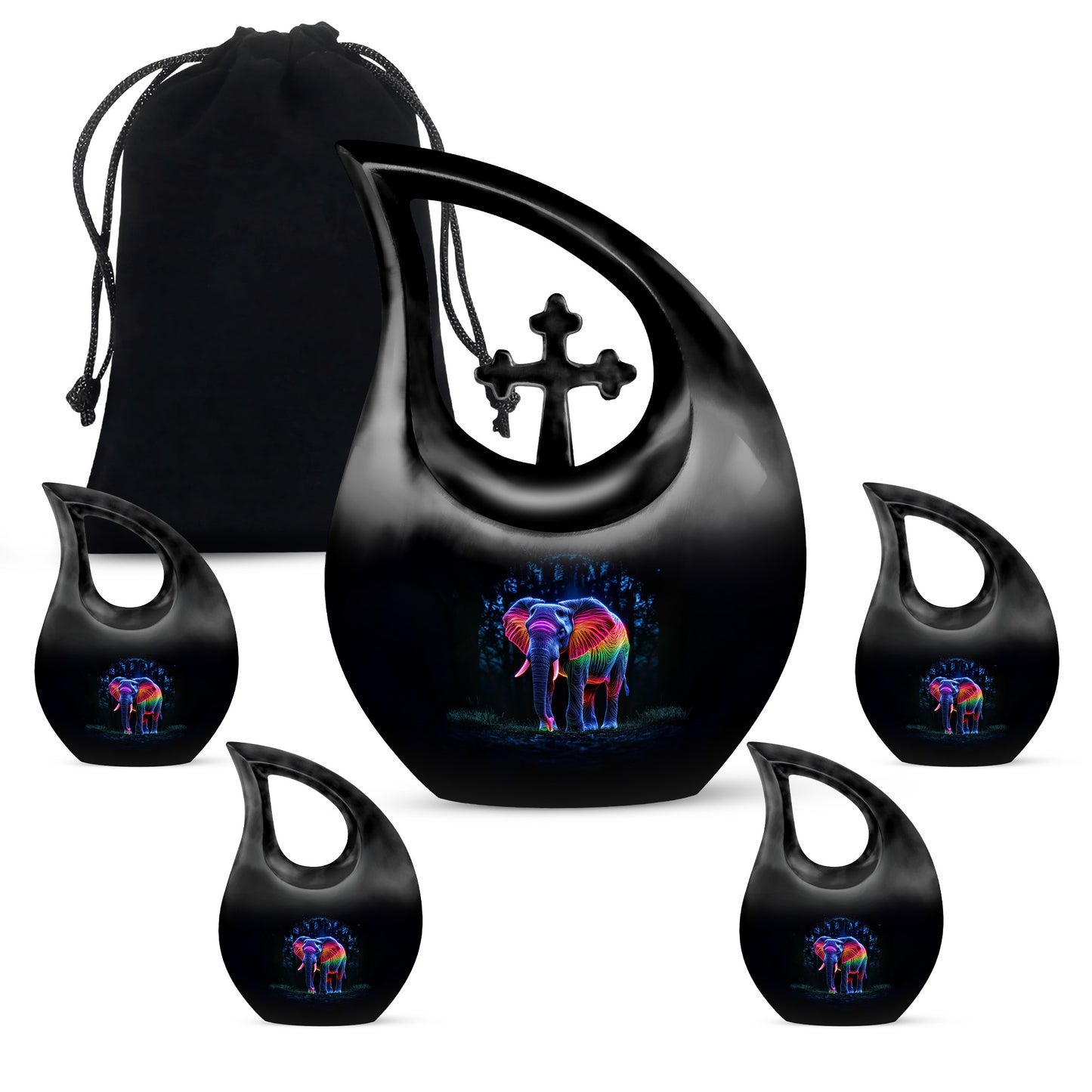 Glossy Black Elephant Cremation Urn urn with complimentary velvet bag - sacred cross merged with elephant motif on metal - memorial set with one large and four small urns