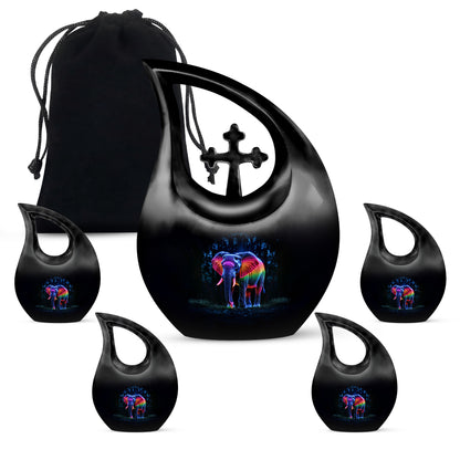 Glossy Black Elephant Cremation Urn urn with complimentary velvet bag - sacred cross merged with elephant motif on metal - memorial set with one large and four small urns