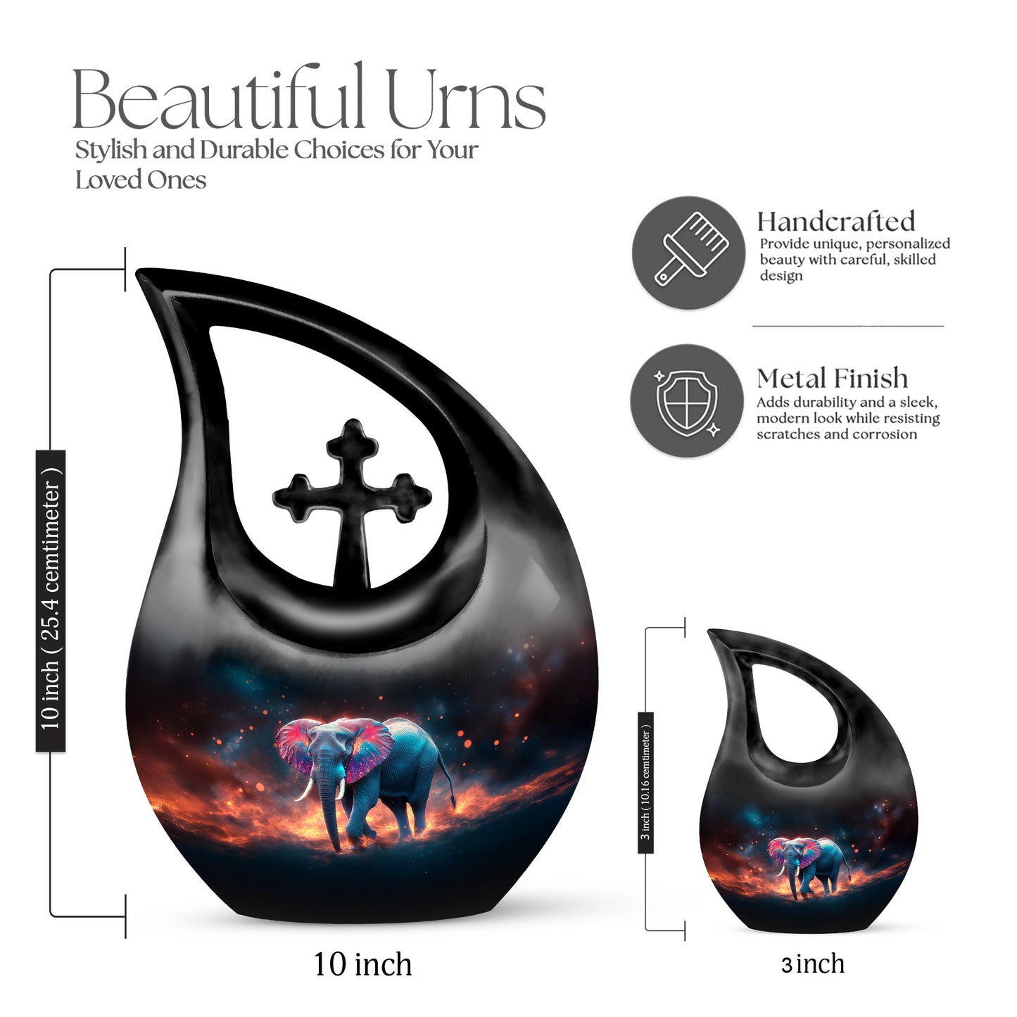 Rich Black Elephant Cremation Urn back view with polished surface - sacred cross merged with elephant motif on metal - mini keepsake memorial for portion of cremation ashes