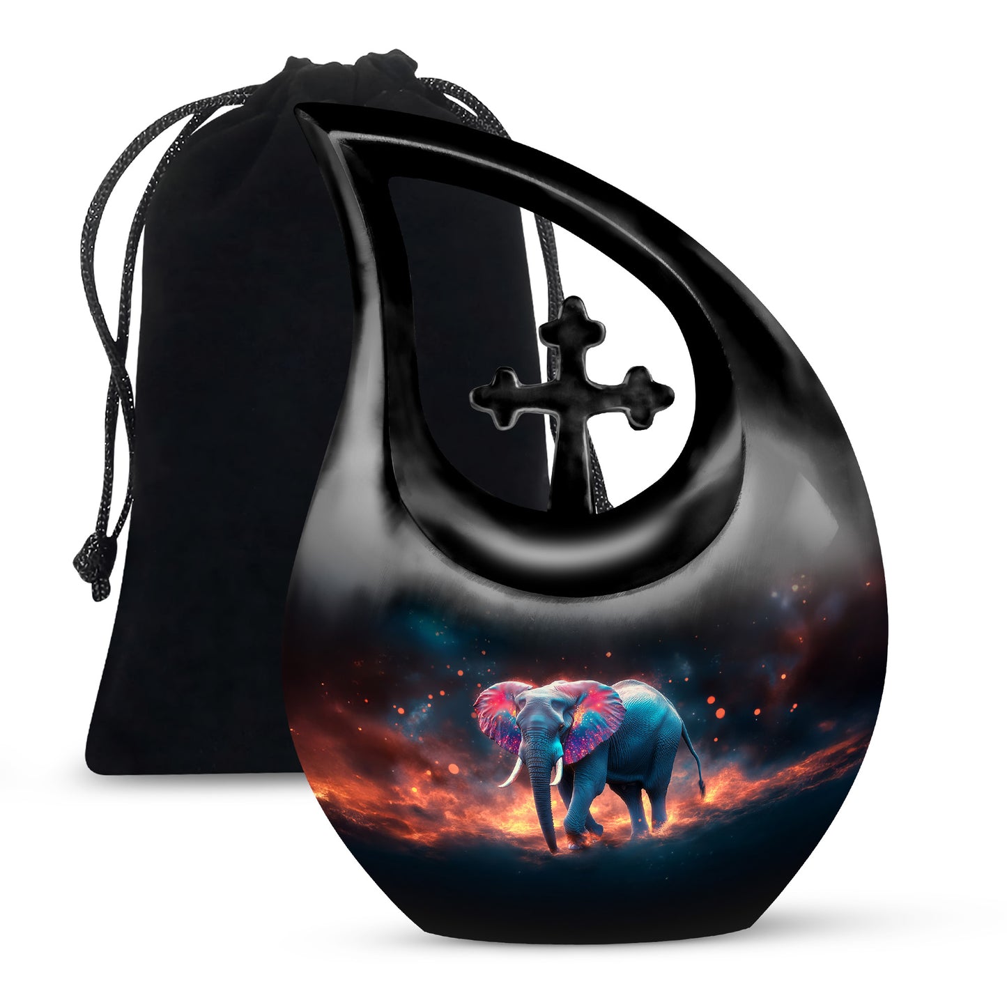 Charcoal Black Elephant Cremation Urn top-down view of secure threaded lid - devotional cross-drop elephant engraving - full-size 10 inch 200 cubic inch adult cremation urn