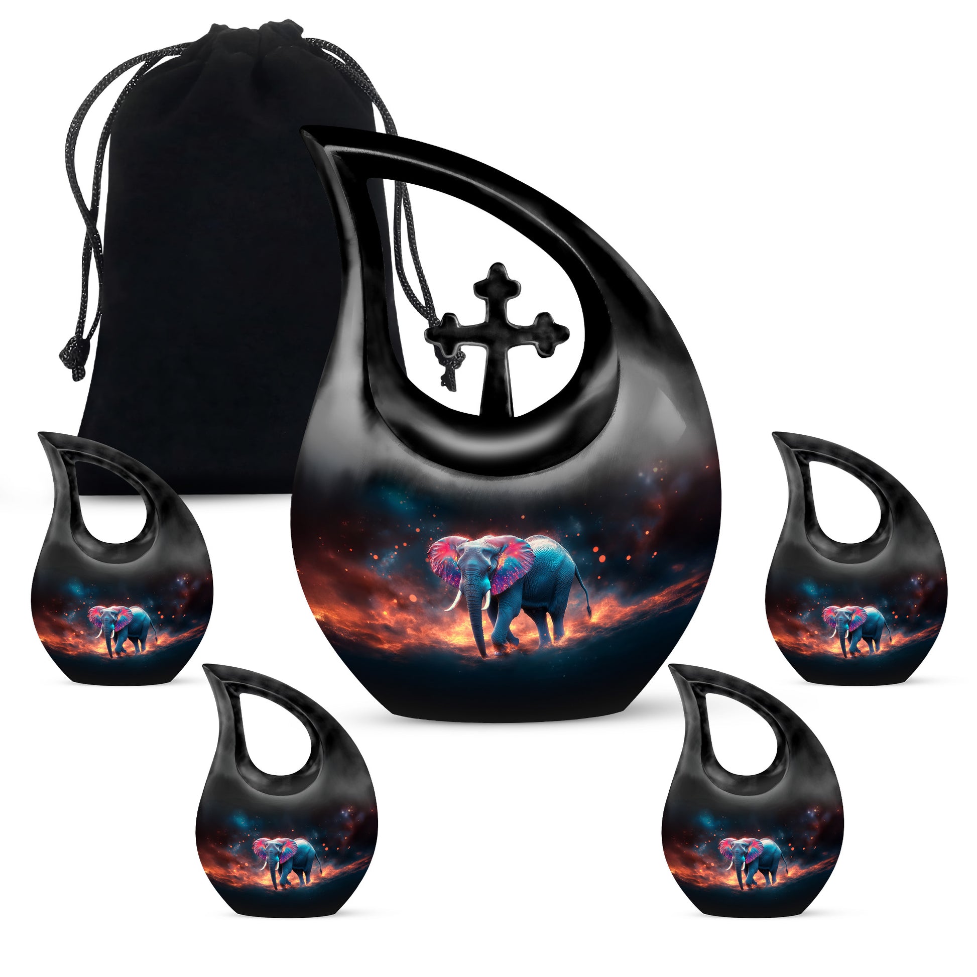 Jet Black Elephant Cremation Urn urn with complimentary velvet bag - sacred cross merged with elephant motif on metal - memorial set with one large and four small urns