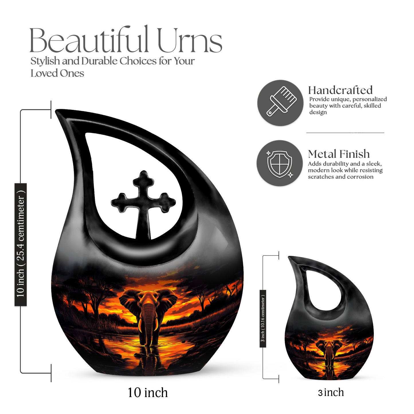 Deep Black Elephant Cremation Urn back view with polished surface - sacred cross merged with elephant motif on metal - mini keepsake memorial for portion of cremation ashes