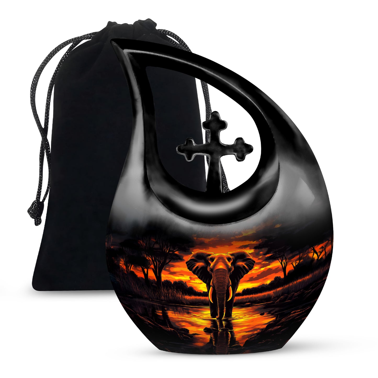Charcoal Black Elephant Cremation Urn top-down view of secure threaded lid - devotional cross-drop elephant engraving - full-size 10 inch 200 cubic inch adult cremation urn