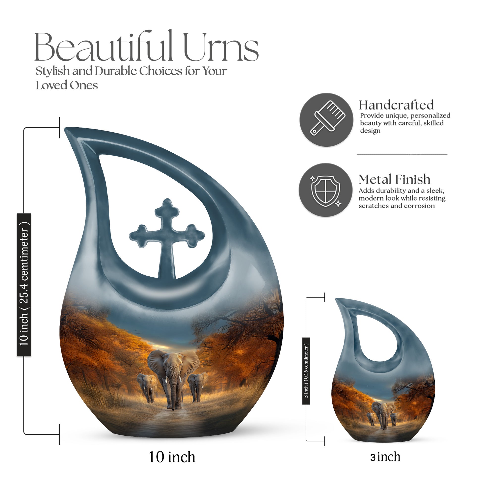 Azure Elephant Cremation Urn back view with polished surface - sacred cross merged with elephant motif on metal - mini keepsake memorial for portion of cremation ashes