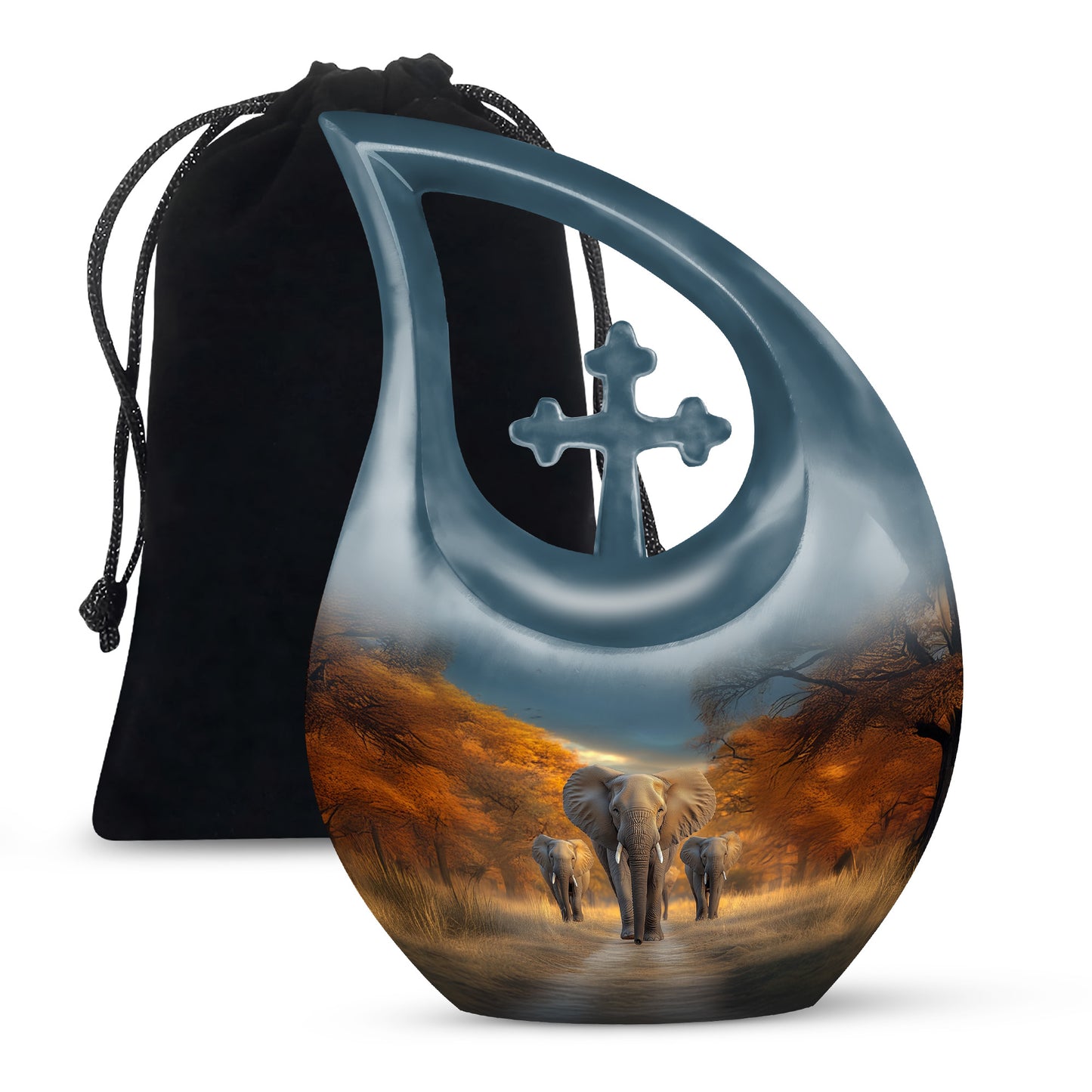 Royal Blue Elephant Cremation Urn top-down view of secure threaded lid - faith-inspired cross-drop urn with elephant pattern - full-size 10 inch 200 cubic inch adult cremation urn