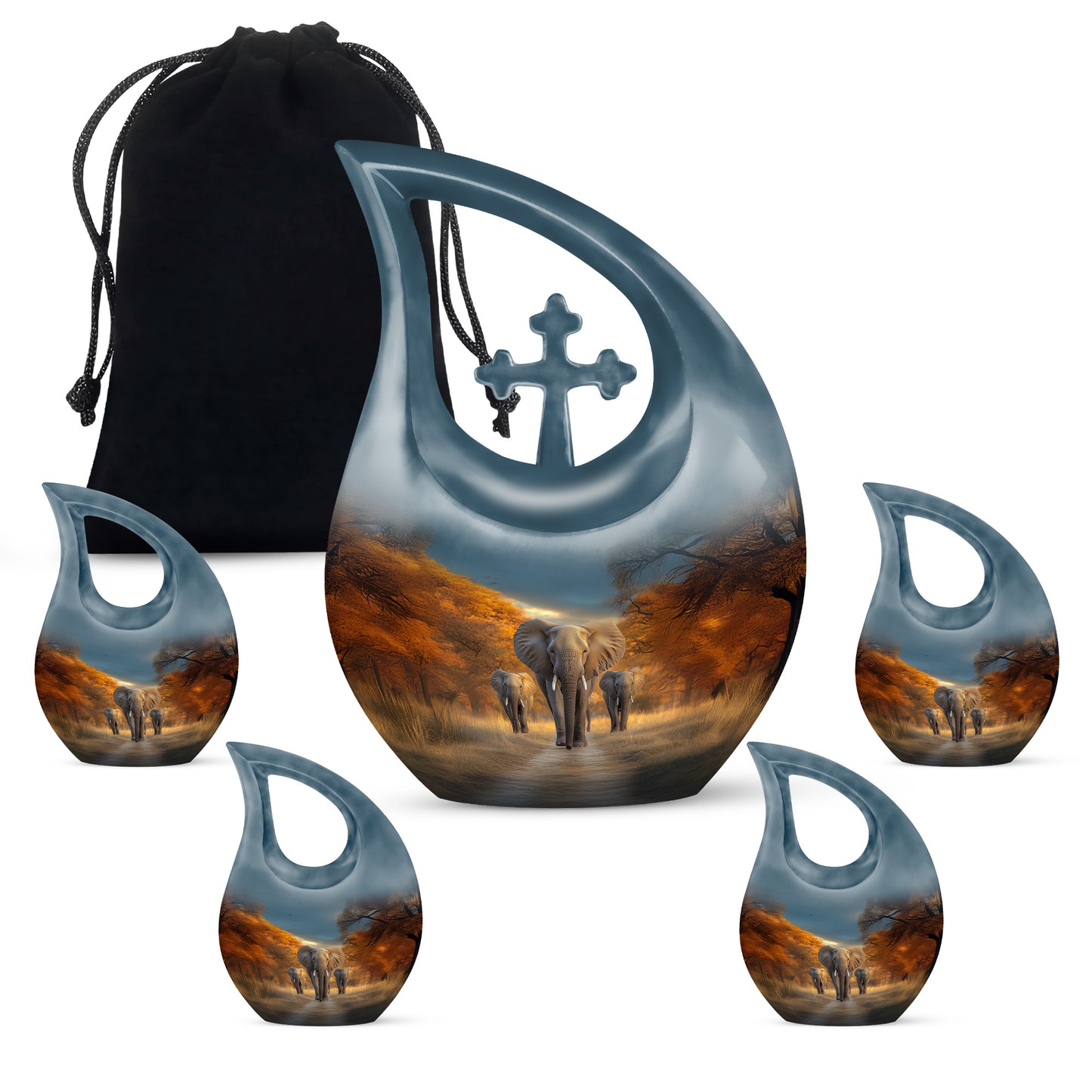 Icy Blue Elephant Cremation Urn urn with complimentary velvet bag - sacred cross merged with elephant motif on metal - memorial set with one large and four small urns